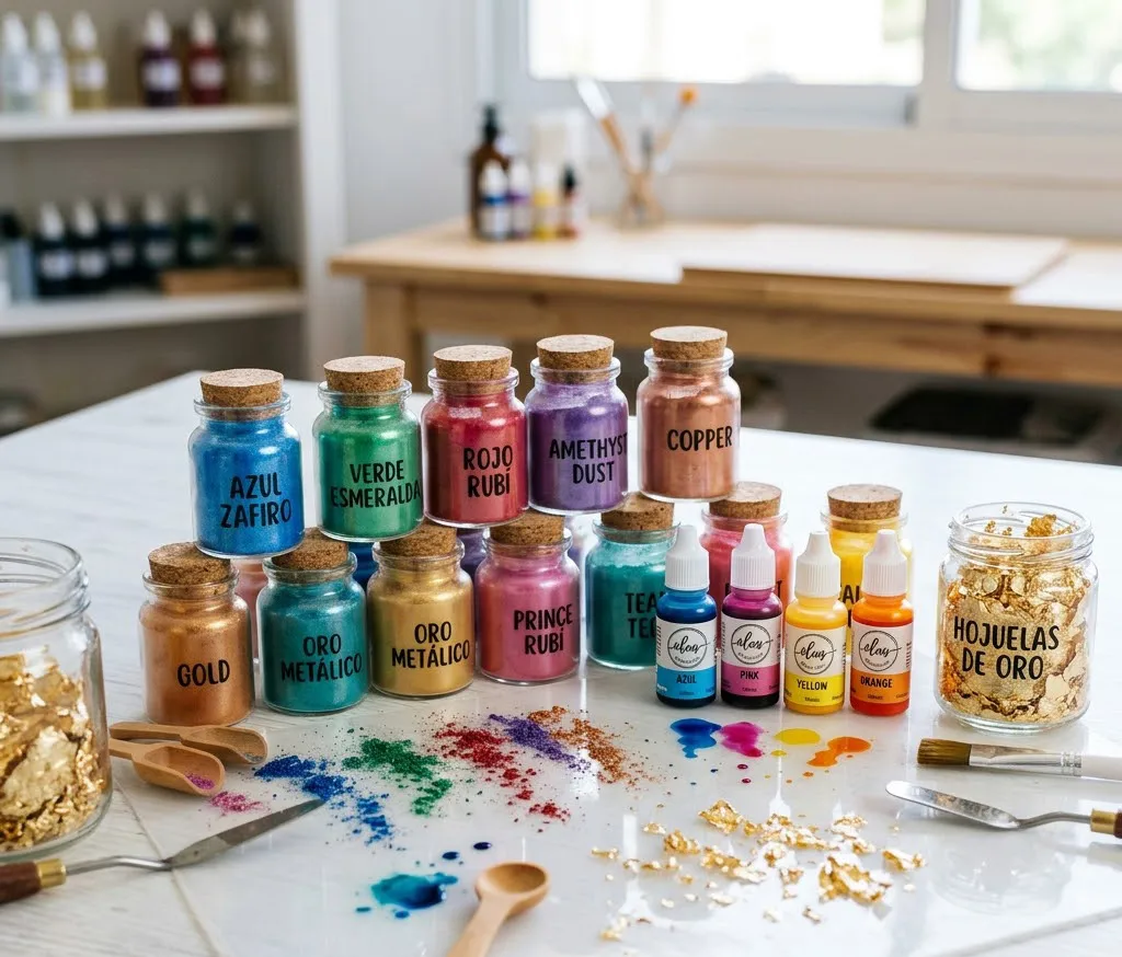 Varios frascos pequeños con polvos de mica de colores vibrantes, botellas de tinta al alcohol y hojuelas de oro sobre una mesa blanca con un mantel de silicona.