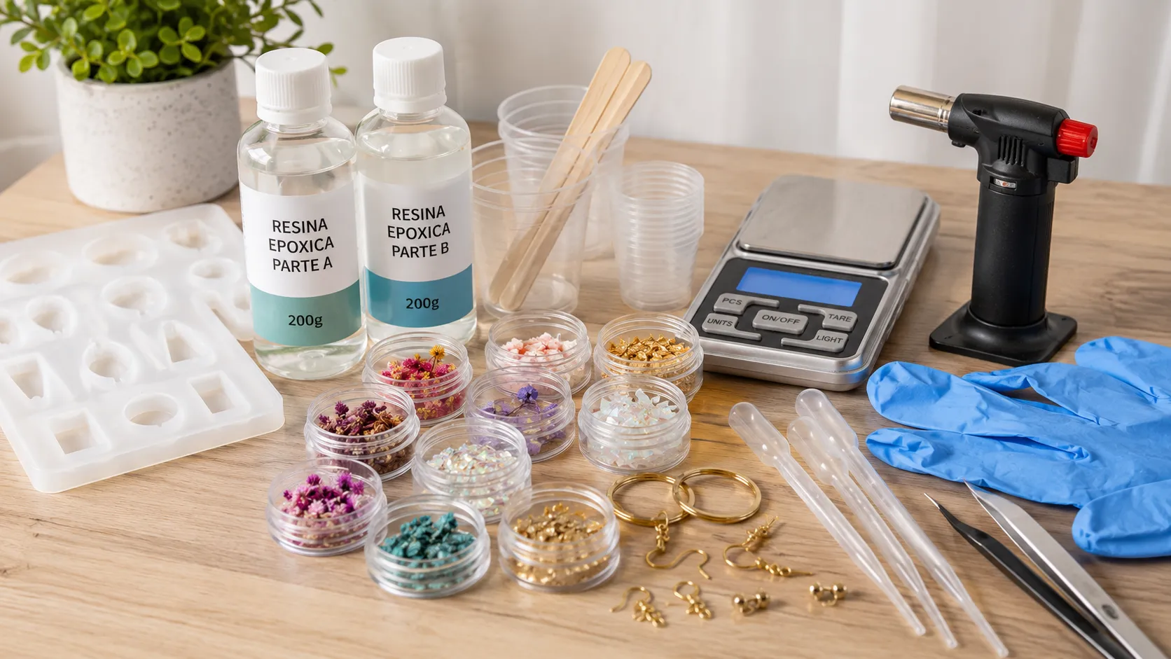 Materiales básicos para trabajar con resina epóxica, incluyendo resina, moldes de silicona, báscula digital, pigmentos, herramientas y accesorios para crear bisutería desde casa.