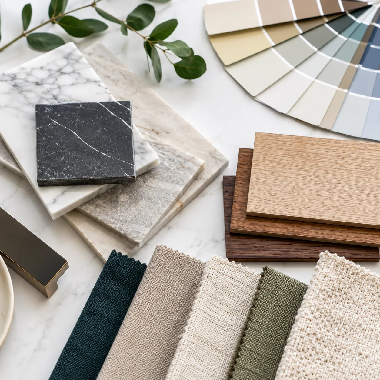 Primer plano de muestras de mármol, paletas de colores de pintura, muestras de madera y retales de telas de tapicería organizados estéticamente sobre un fondo blanco brillante.