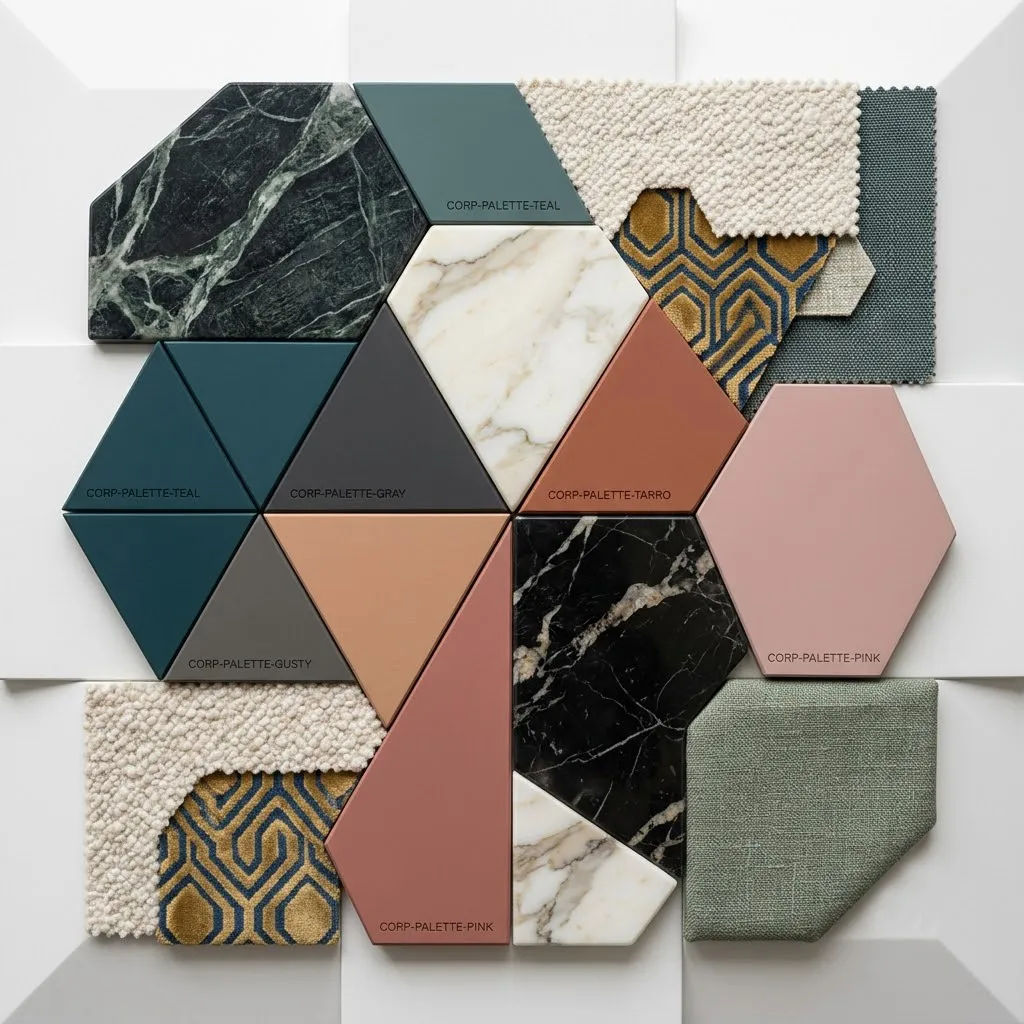Vista zenital creativa de un tablero de muestras de diseño que combina piezas geométricas de mármol pulido, muestras de maderas claras y textiles de tapicería de alta gama.