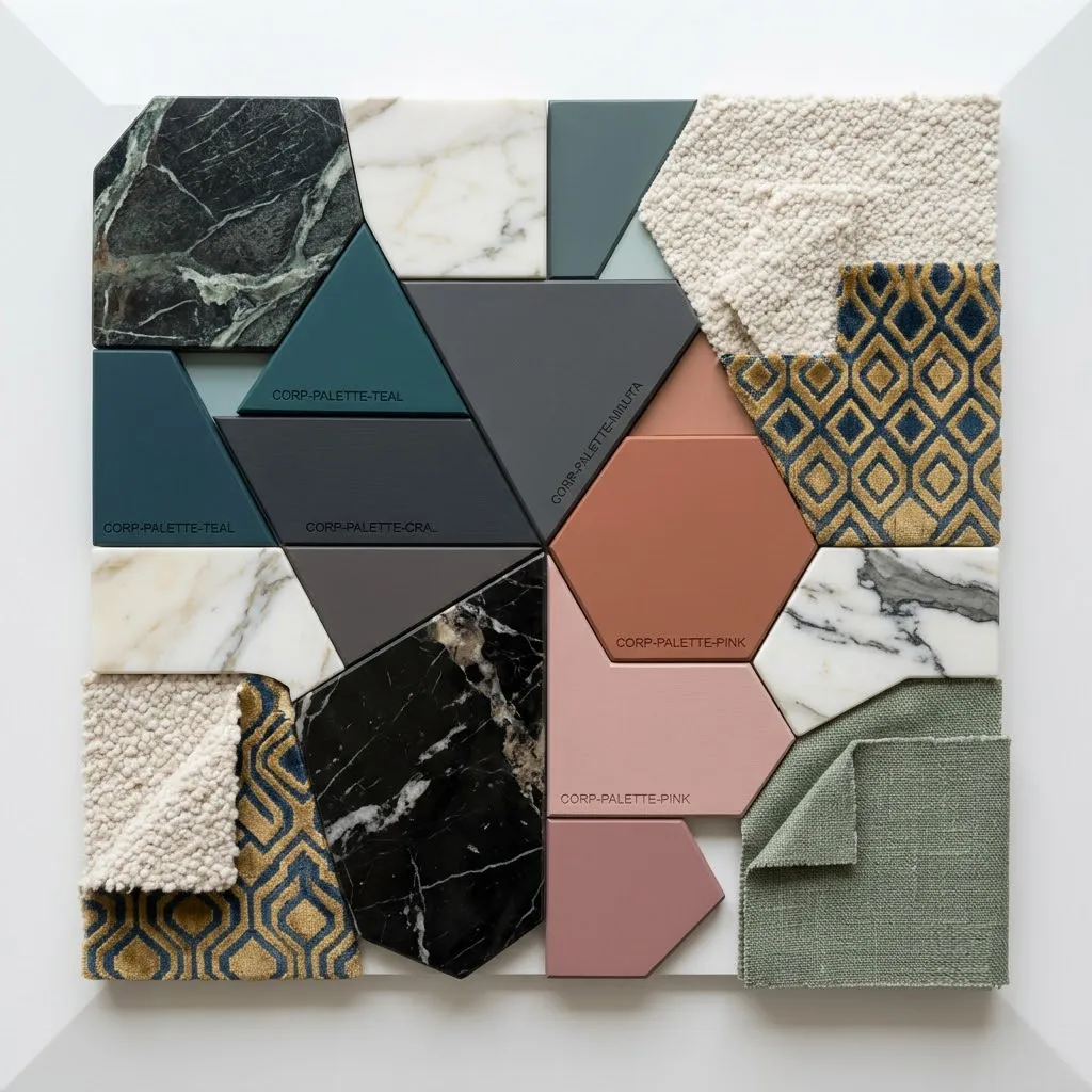 Composición plana de muestras de materiales para diseño de interiores, incluyendo bloques de mármol pulido, paletas de colores corporativas y telas de tapicería de alta calidad.