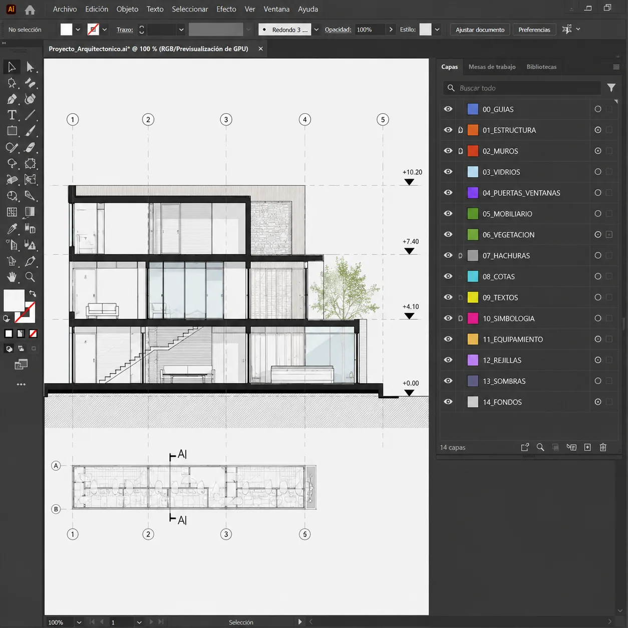 Interfaz de Adobe Illustrator mostrando un panel de capas perfectamente organizado por nombres y colores para un proyecto arquitectónico.