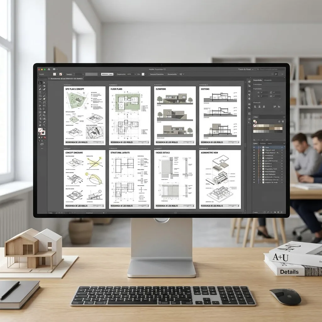 Espacio de trabajo en Adobe Illustrator con varias mesas de trabajo organizadas mostrando paneles arquitectónicos y el panel de capas estructurado.