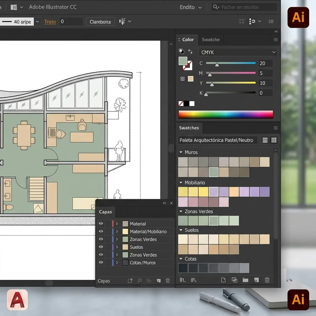 Primer plano de la interfaz de Adobe Illustrator mostrando el panel de control de color CMYK con una paleta de colores pastel y neutros seleccionada para un plano arquitectónico.