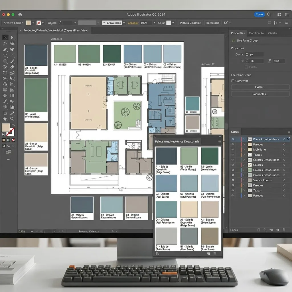 Muestras de color y paleta cromática desaturada aplicada sobre un plano arquitectónico vectorial en el lienzo de trabajo.