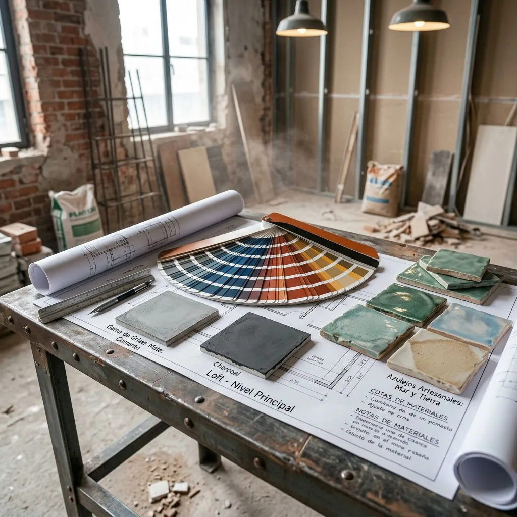 Una mesa de metal en mitad de una obra en reforma, donde descansan muestras de pintura gris mate, azulejos artesanales y una carta de colores expuesta.