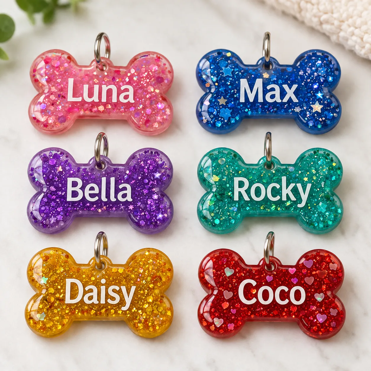 Varias placas de identificación para perros con forma de hueso hechas de resina de colores vibrantes y glitter, mostrando nombres legibles en su superficie.