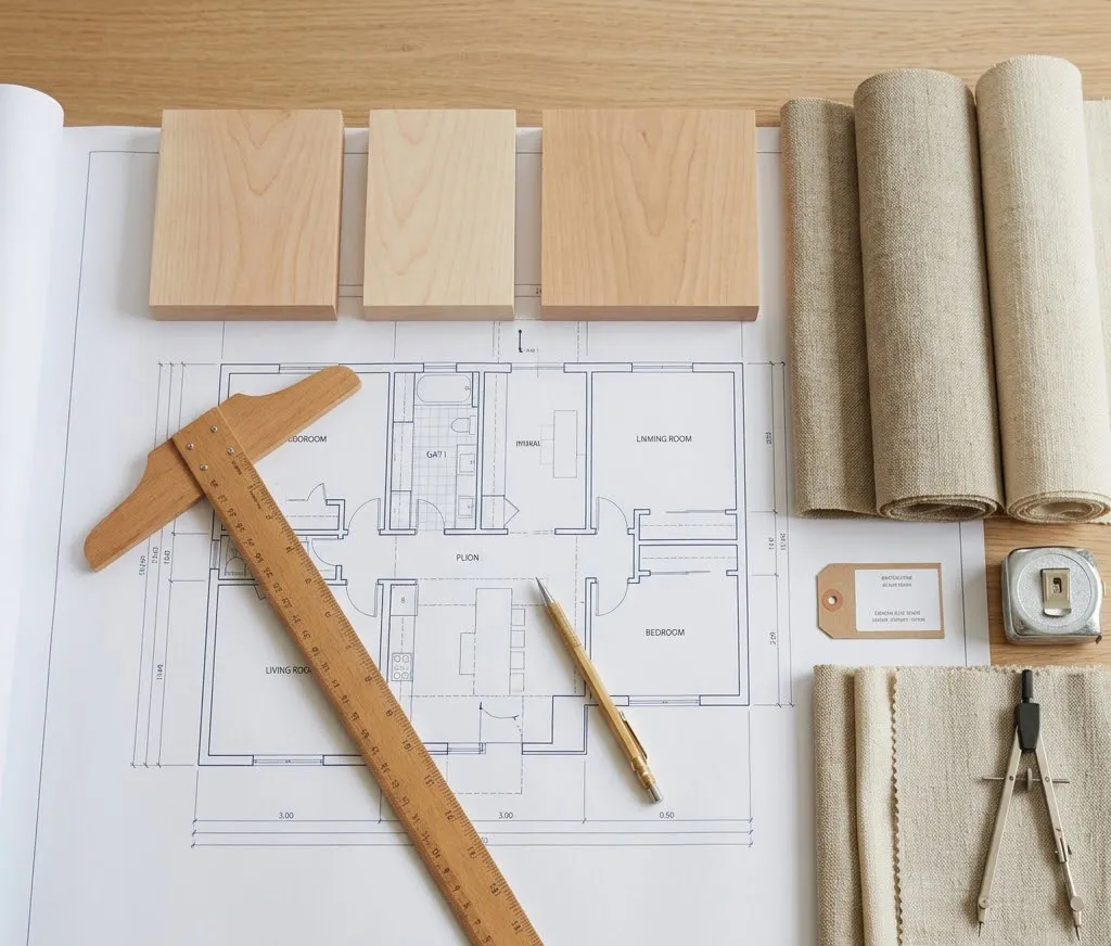 Plano arquitectónico impreso sobre una mesa de trabajo con herramientas de medición, muestras de madera clara y texturas textiles de lino.