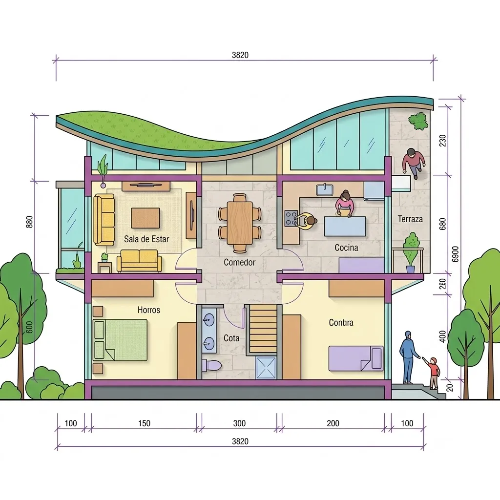 Plano de distribución arquitectónica ilustrado digitalmente en Adobe Illustrator con colores pastel, sombras y texturas vectoriales.