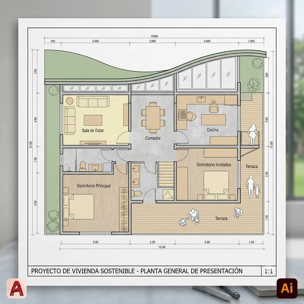 Vista superior de un plano arquitectónico de planta totalmente renderizado en Adobe Illustrator, mostrando jerarquía de líneas, rellenos de color suaves, texturas vectoriales sutiles y mobiliario estilizado, listo para presentación.