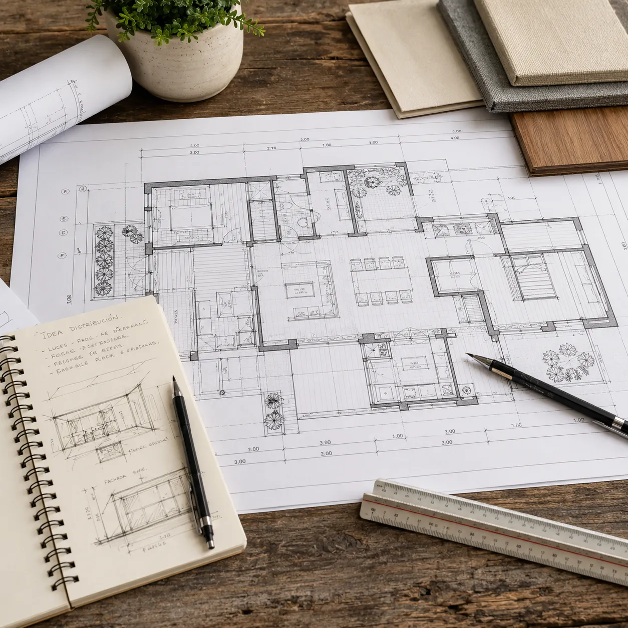 Un plano técnico detallado de una vivienda extendido sobre una mesa de madera rústica junto a un escalímetro y un cuaderno con bocetos a mano.