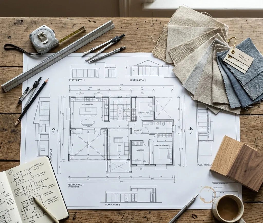 Plano arquitectónico detallado extendido sobre una mesa de trabajo de madera, rodeado por herramientas de medición como una cinta métrica y muestras textiles de lino.