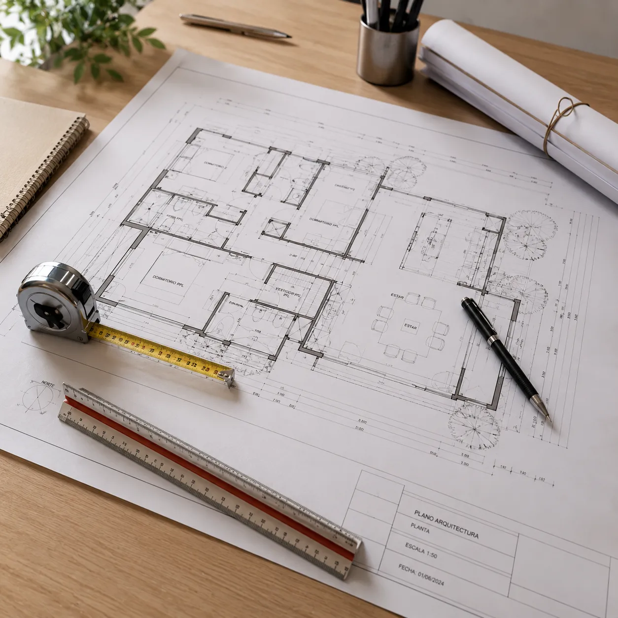 Plano arquitectónico extendido sobre un escritorio de madera clara, rodeado de herramientas de medición tradicionales como una cinta métrica metálica y un escalímetro.