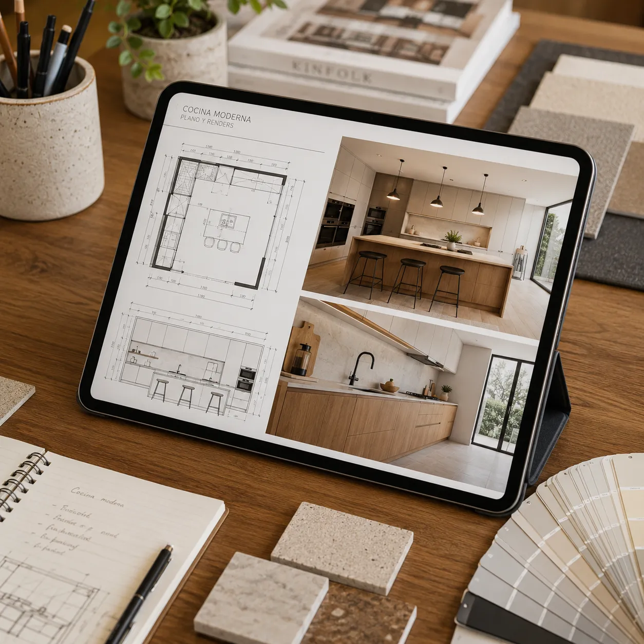 Vista de una pantalla de tableta digital sobre un escritorio de madera que muestra planos técnicos de una cocina moderna y renders fotorrealistas en alta definición.