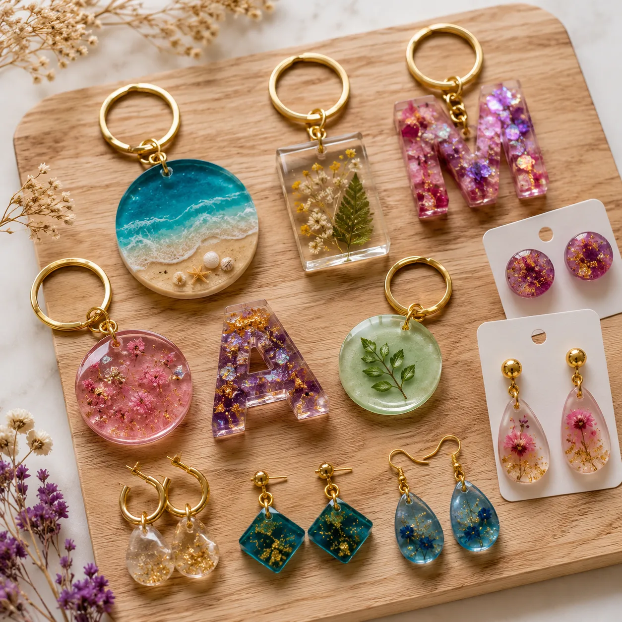Varios llaveros y aretes de resina terminados con acabados brillantes, organizados sobre una base de madera listos para tomar fotografías comerciales.