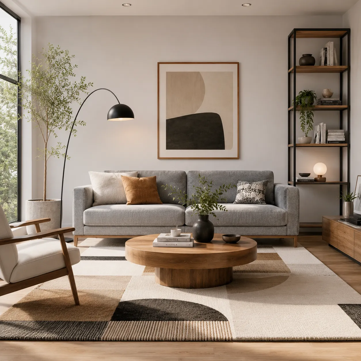 Sala de estar moderna con un sofá rectangular gris, una mesa de centro de madera circular, una lámpara de pie curva y una alfombra geométrica en tonos neutros con iluminación natural