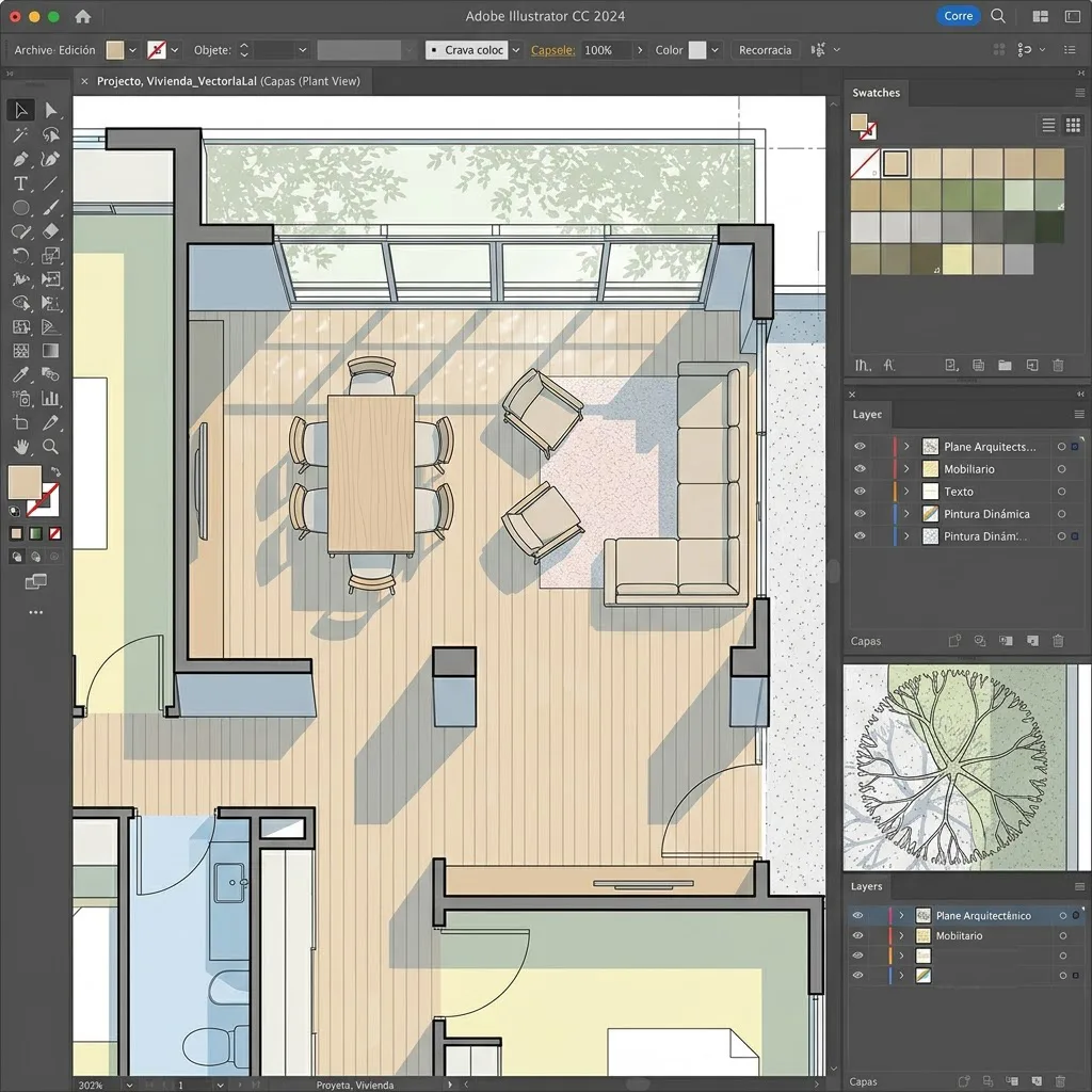 Vista de detalle de un plano arquitectónico coloreado en Illustrator donde se aprecian sombras proyectadas vectoriales bajo los muros e iluminación natural.