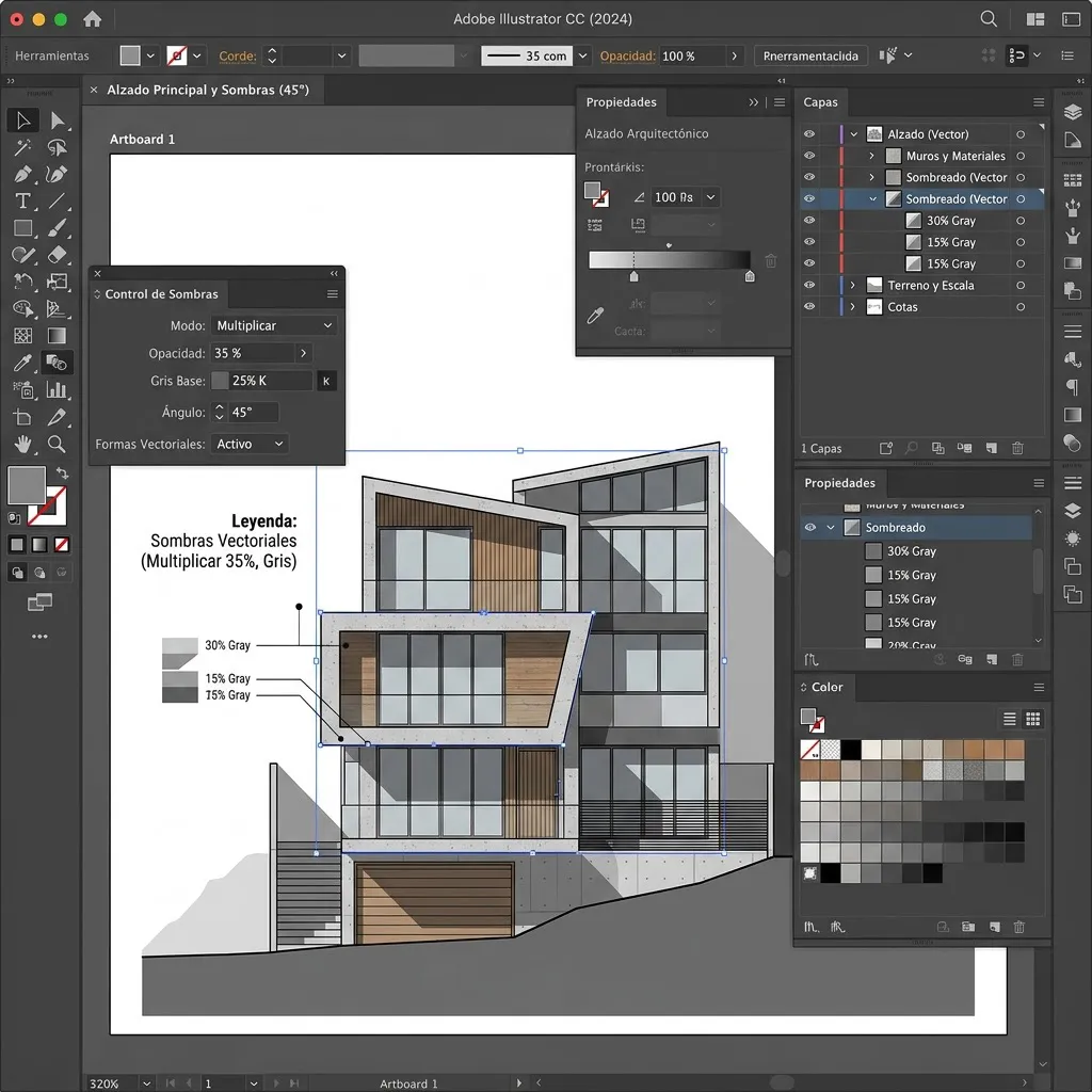 Alzado arquitectónico en Illustrator con sombras vectoriales en tonos grises proyectadas a 45 grados sobre la fachada.