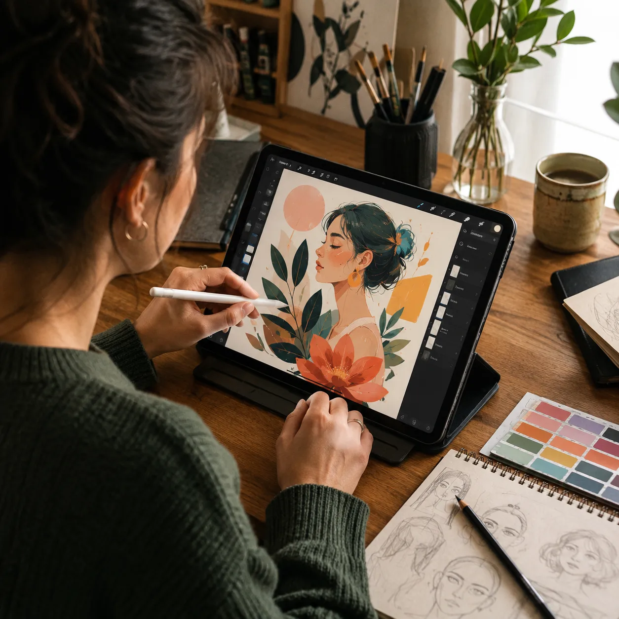 Artista ilustrando un retrato digital en Procreate desde una perspectiva trasera, utilizando un iPad y un lápiz digital en un estudio creativo.