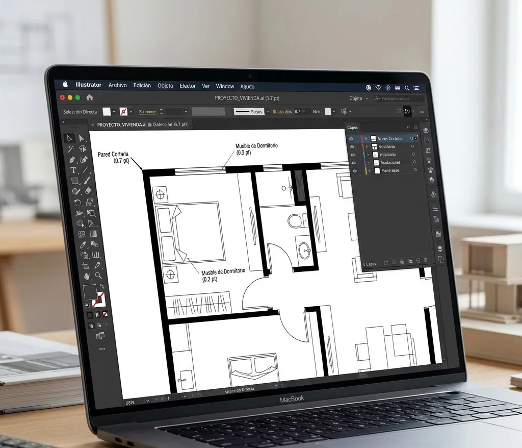 Detalle de un plano arquitectónico en Adobe Illustrator mostrando la diferencia de espesores de línea entre muros cortados y mobiliario.