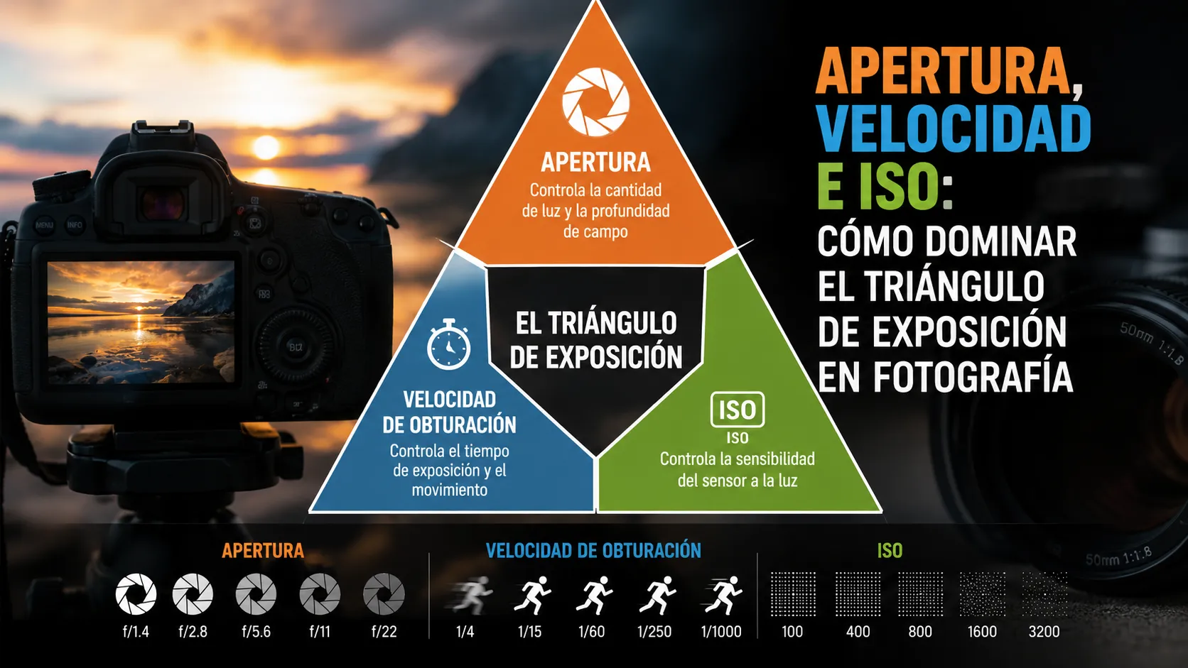 Triángulo de exposición en fotografía con apertura, velocidad de obturación e ISO