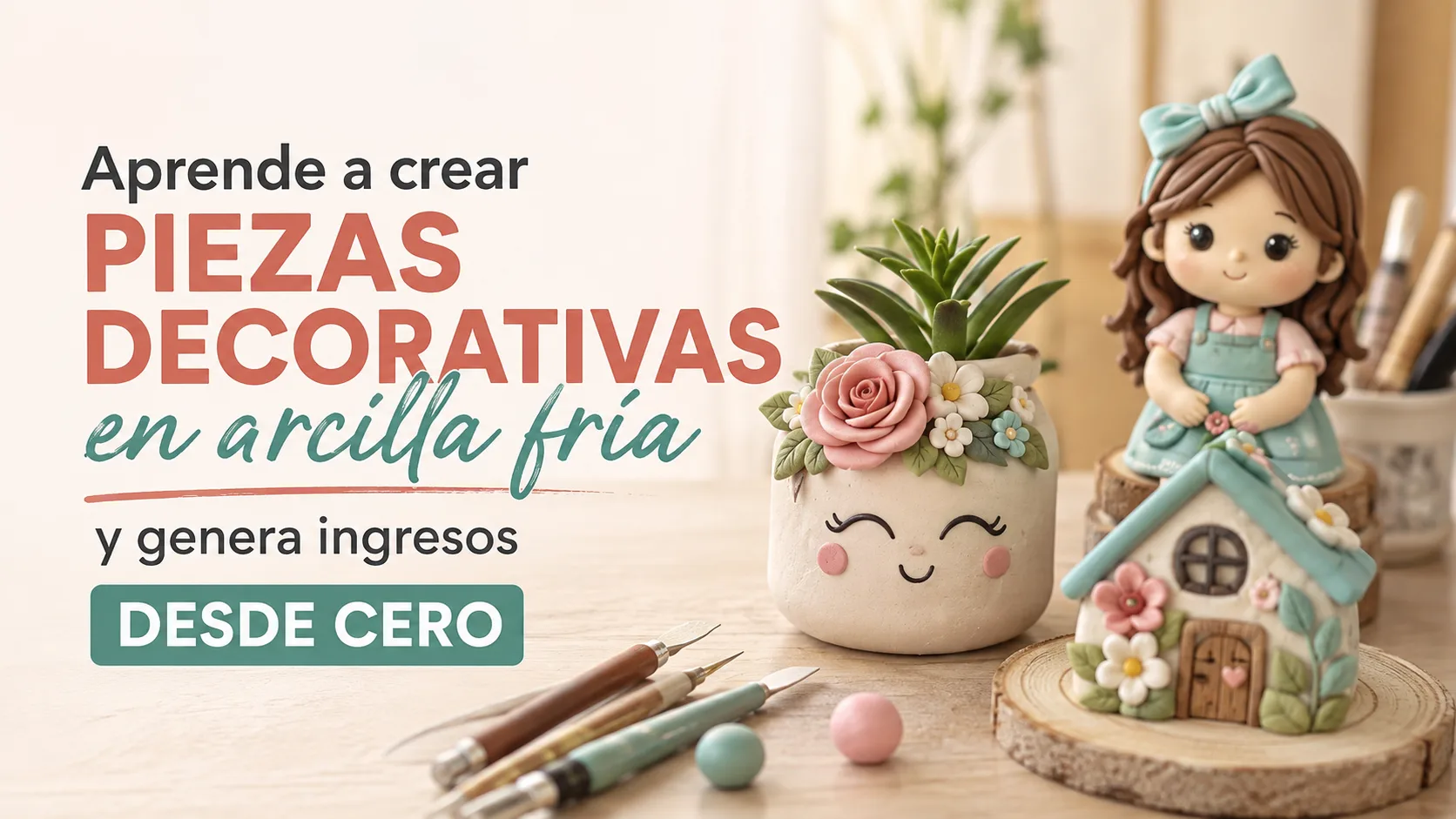 Piezas decorativas elaboradas en arcilla fría junto a herramientas de modelado sobre una mesa de trabajo, representando el aprendizaje para crear manualidades y emprender desde cero.