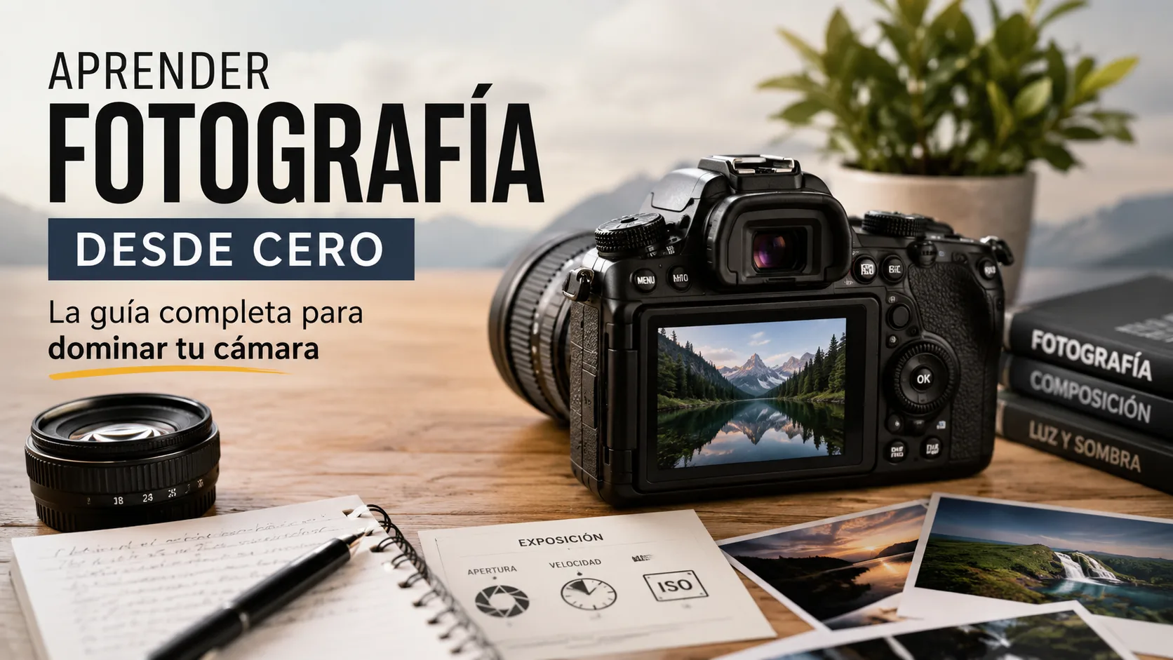 Aprender fotografía desde cero con una cámara réflex, objetivos y guía de exposición sobre una mesa de trabajo.