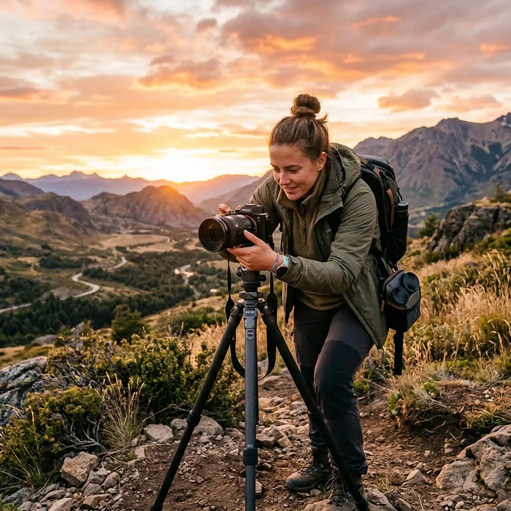 Fotógrafo ajustando una cámara montada sobre trípode en un entorno natural durante el atardecer