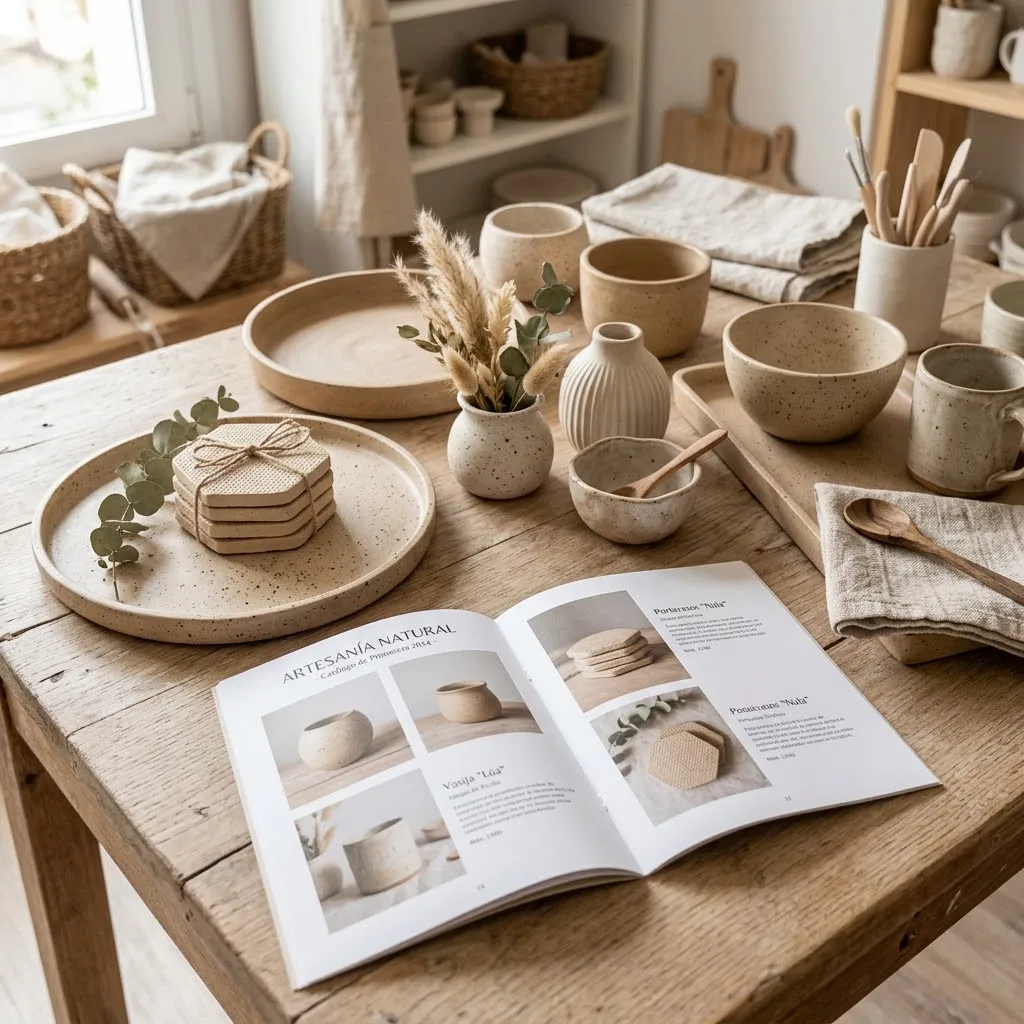 Un catálogo de productos artesanales exhibido sobre una mesa clara con bandejas, portavasos y vasijas en arcilla fría en tonos neutros y beige.