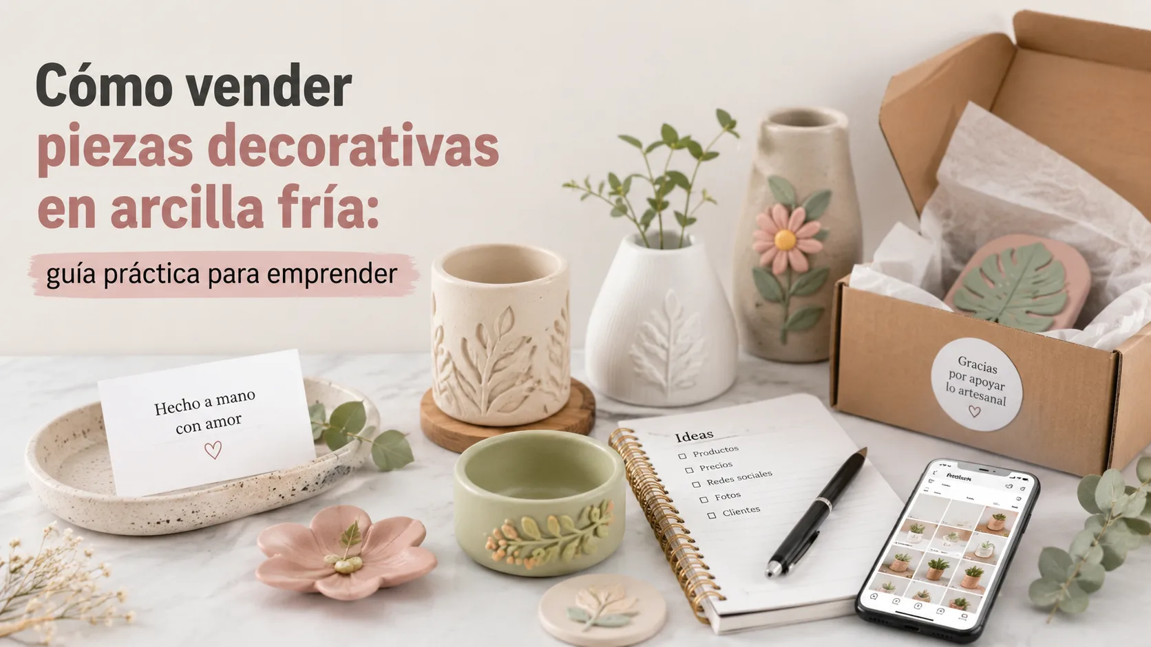 Banner de guía para vender piezas decorativas en arcilla fría con catálogo, empaque artesanal y agenda de trabajo.