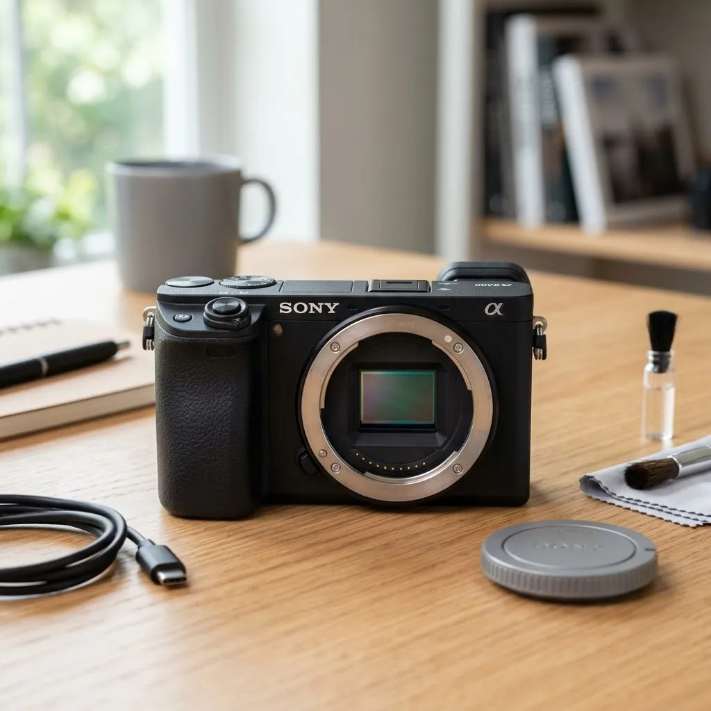 Cámara mirrorless compacta sin lente mostrando el sensor digital sobre un escritorio de trabajo limpio