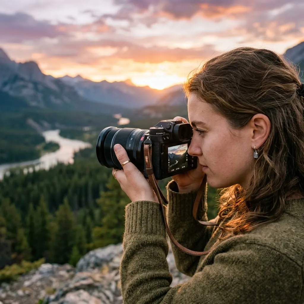 Primer plano de una persona sosteniendo una cámara fotográfica mientras encuadra un paisaje natural durante el atardecer