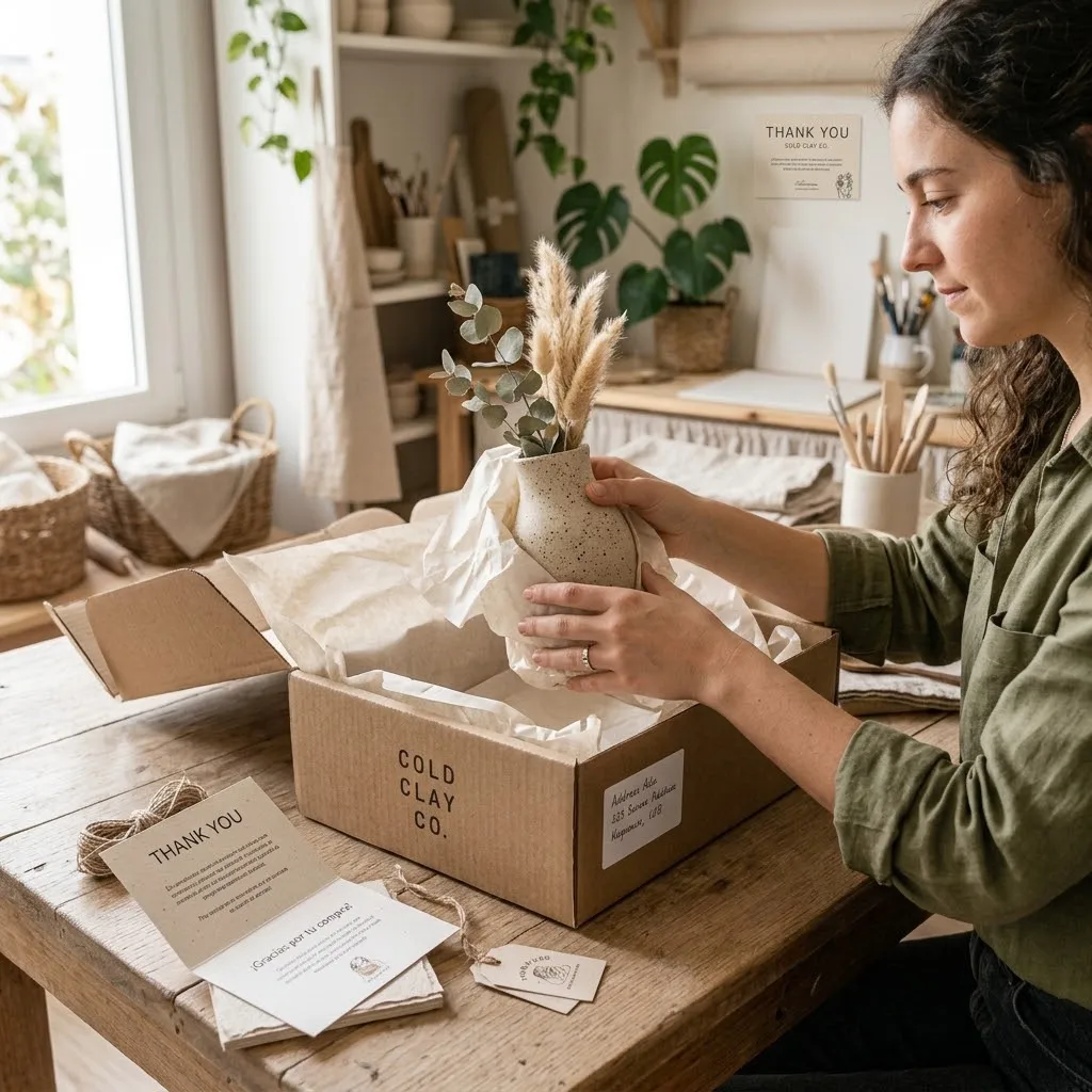 Una persona embalando cuidadosamente una pieza decorativa de arcilla fría en una caja de cartón con papel de seda y tarjetas de agradecimiento.
