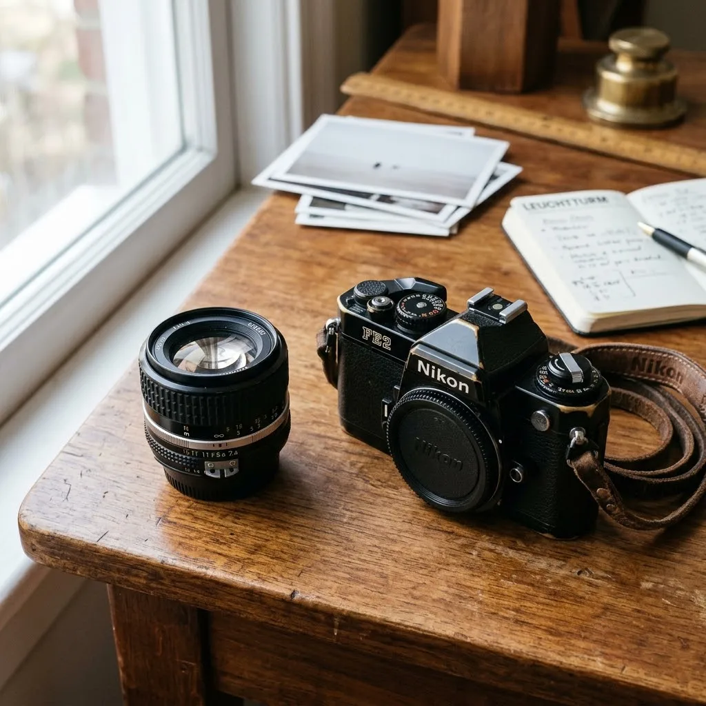Lente fotográfico de 50mm junto a una cámara réflex sobre un escritorio de trabajo iluminado, sin incluir marcos de monitores