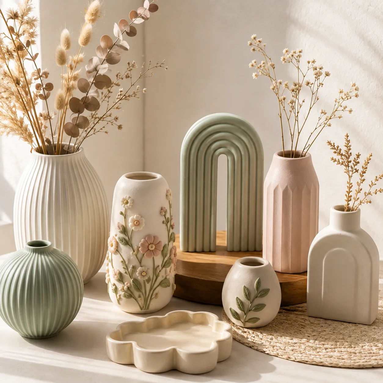 Una selección de jarrones y objetos decorativos de arcilla fría terminados, exhibidos con estilo minimalista junto a plantas secas y luz natural.