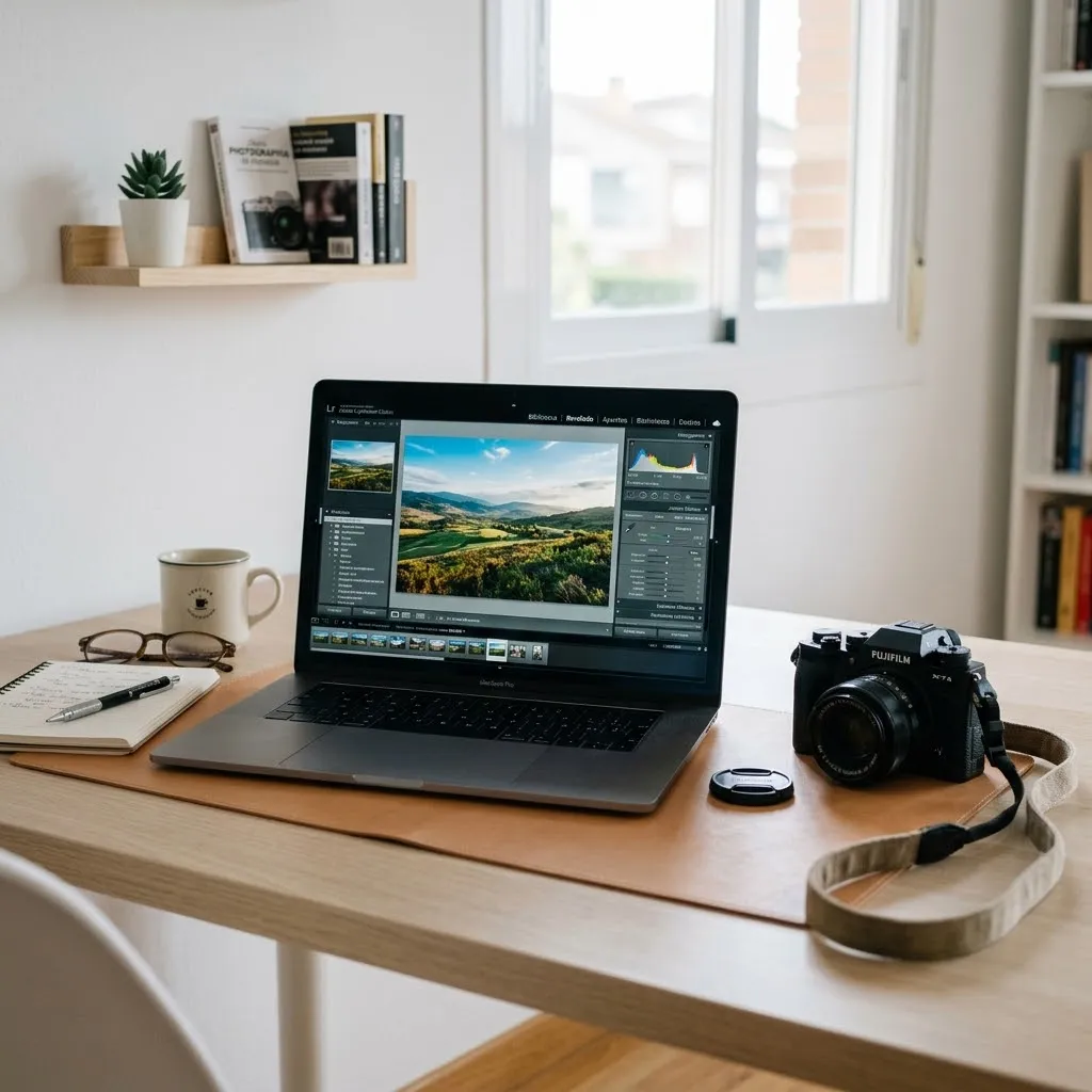 Un espacio de trabajo ordenado con una computadora portátil mostrando software de edición fotográfica y una cámara junto al escritorio