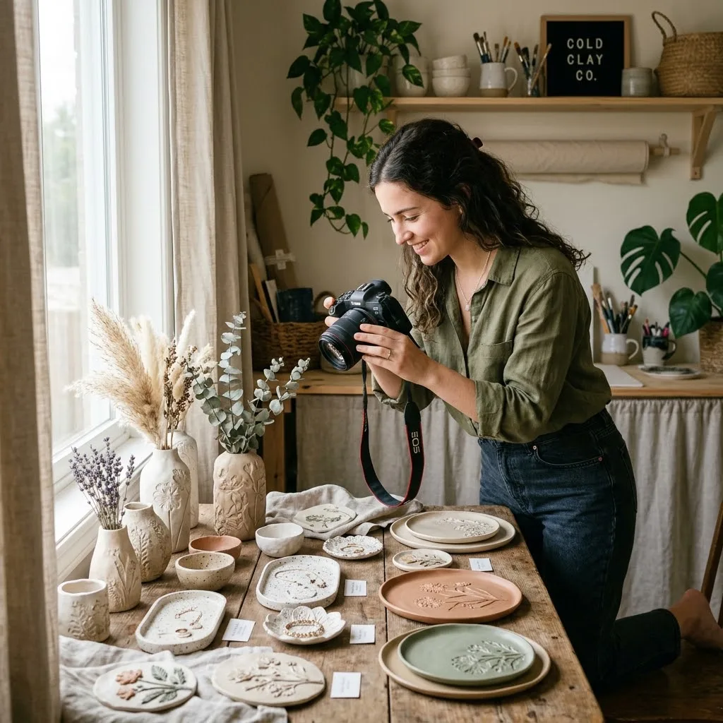 Una emprendedora fotografiando con luz natural una selección de piezas decorativas en arcilla fría colocadas en un entorno decorativo.