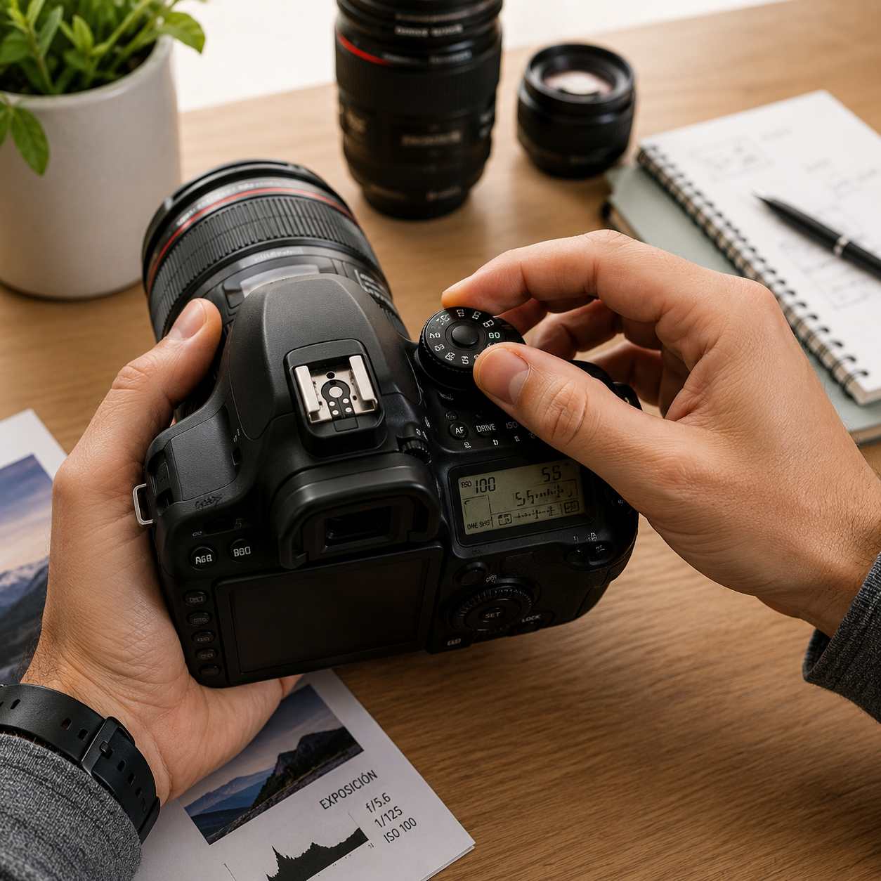 Manos de un fotógrafo ajustando los diales de control de una cámara réflex sobre un escritorio de trabajo bien iluminado