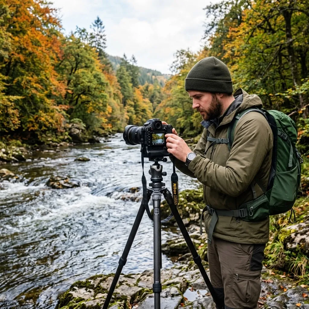 Fotógrafo ajustando la configuración de su cámara montada sobre un trípode resistente frente a un río en el bosque