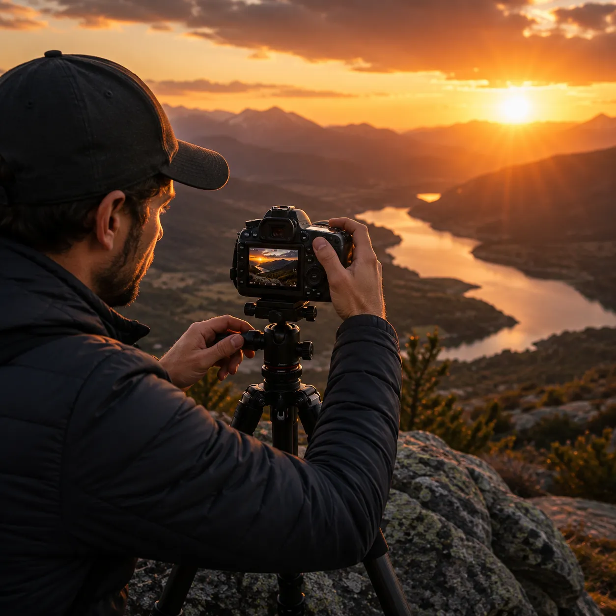 Fotógrafo al atardecer ajustando su cámara sobre un trípode resistente frente a un paisaje natural