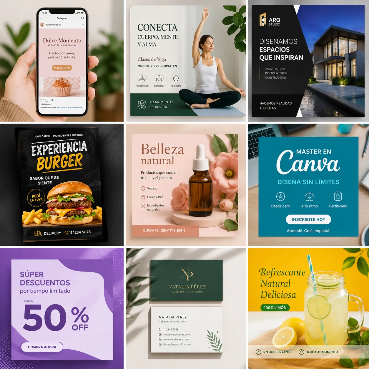 Galería de piezas publicitarias creadas en Canva, con ejemplos de publicaciones para redes sociales, flyers, promociones, tarjetas de presentación y anuncios diseñados paso a paso durante un curso de diseño gráfico.