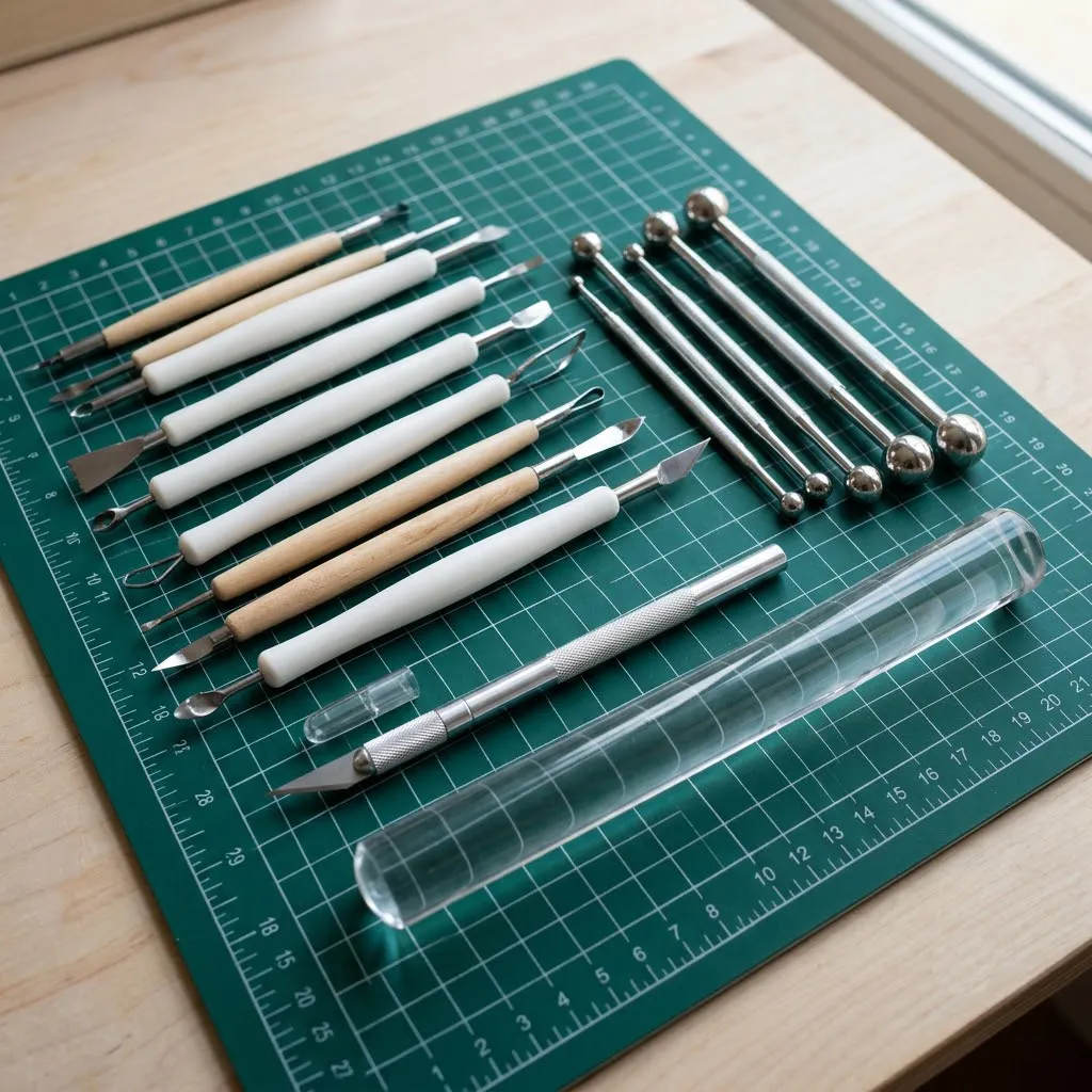 Un juego de estacas de modelado, bolillos metálicos, cúter de precisión y un rodillo de acrílico ordenados sobre un tapiz de corte.