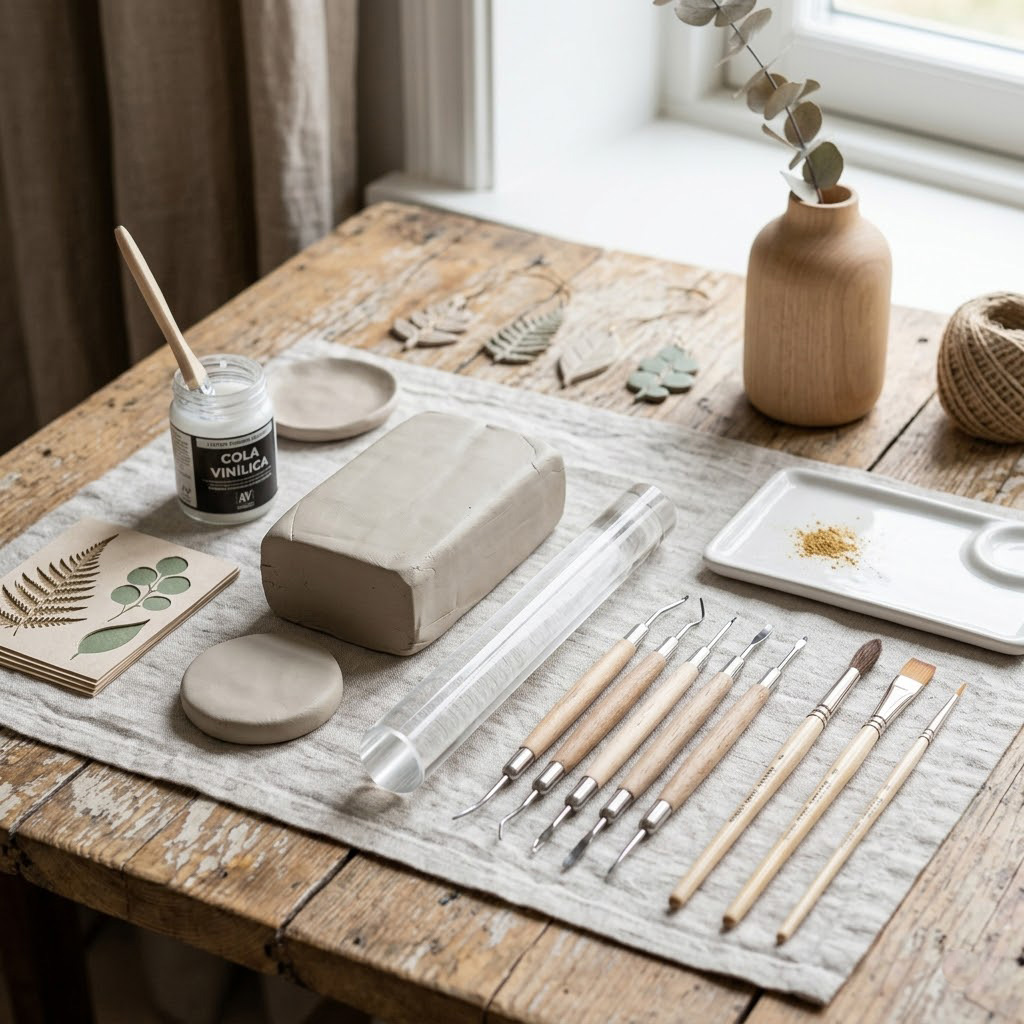 Un espacio de trabajo artesanal organizado con rodillo acrílico, estacas de precisión, pinceles y bloques de arcilla fría de tono neutro sobre una mesa de madera limpia.