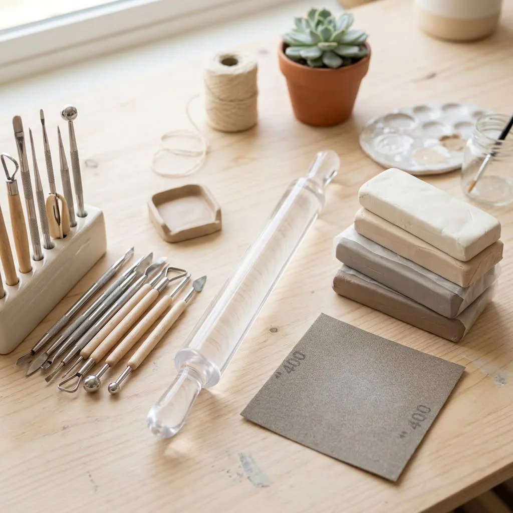 Mesa de trabajo artesanal organizada con un rodillo de acrílico, estacadores de modelado, lija fina y bloques de arcilla fría en tonos neutros sobre un fondo claro.