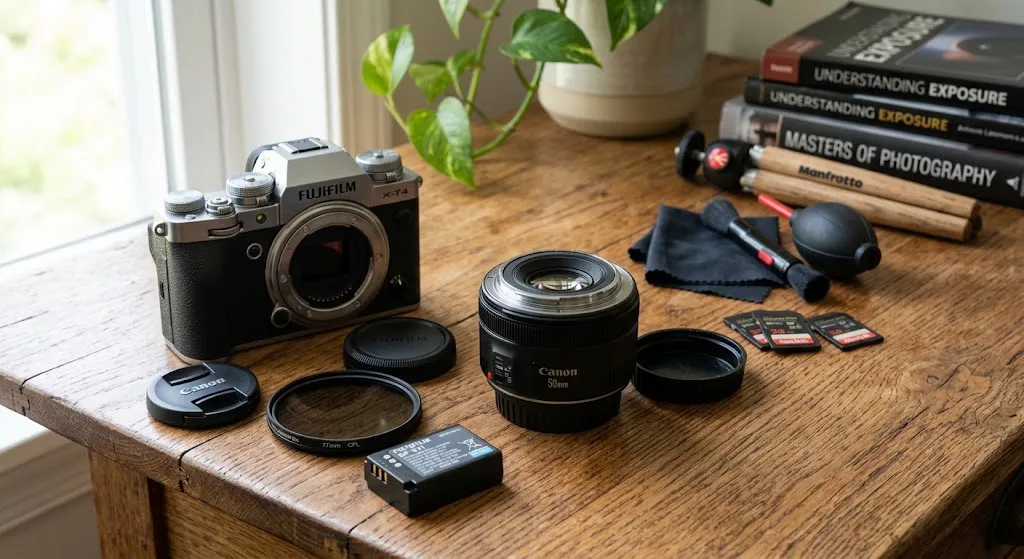 Lente fotográfico fijos de 50mm sobre un escritorio de madera con accesorios de fotografía