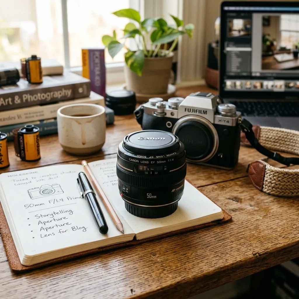 Lente fotográfico fijos de 50mm posado sobre un escritorio de trabajo en un entorno creativo