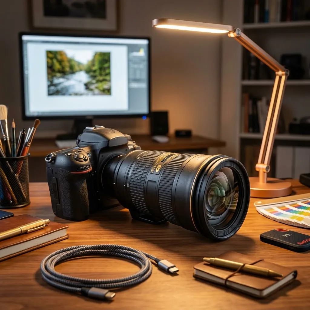 Lente de fotográfico profesional apoyado en un escritorio de trabajo iluminado junto a un cuerpo de cámara