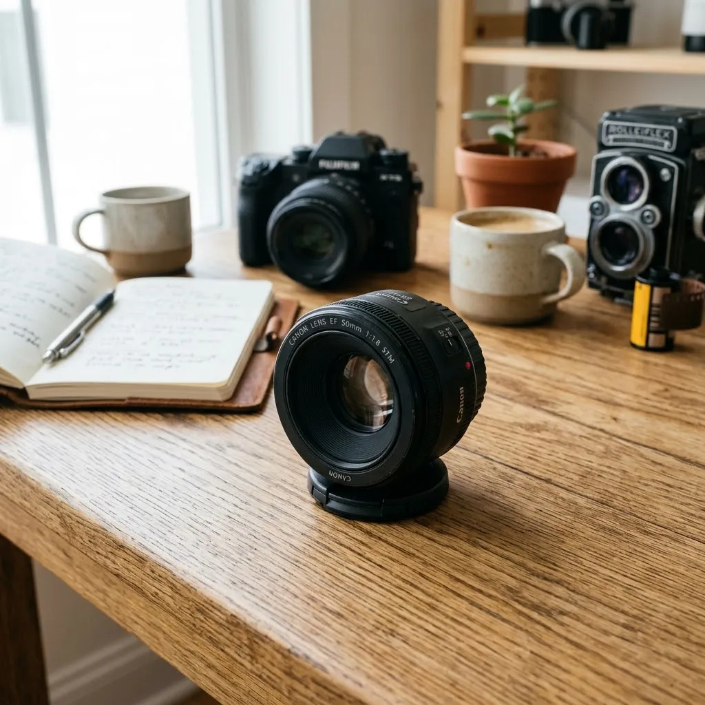Lente fotográfico de 50mm posado sobre una mesa de madera limpia en un estudio creativo