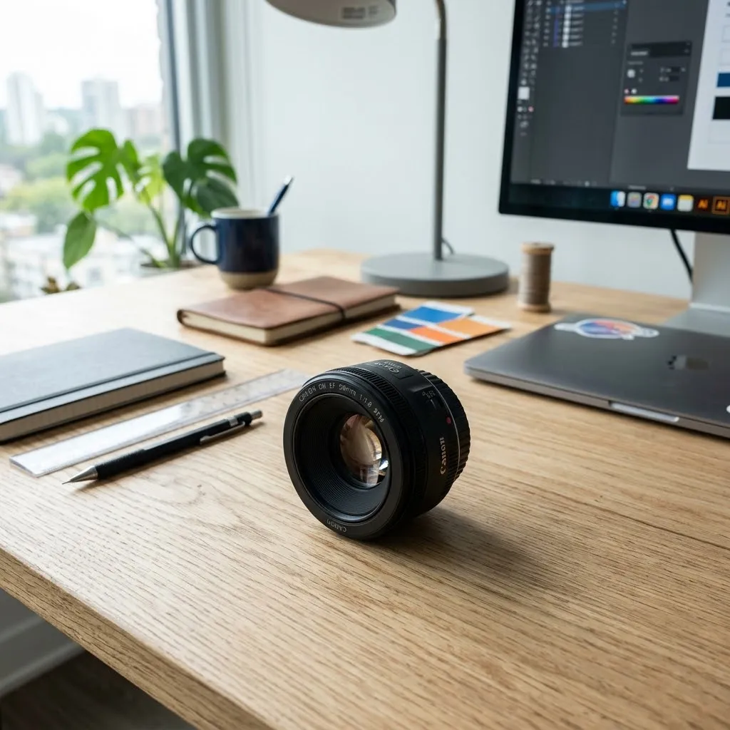 Lente fotográfico de 50mm posado sobre una mesa de trabajo limpia en un estudio de diseño