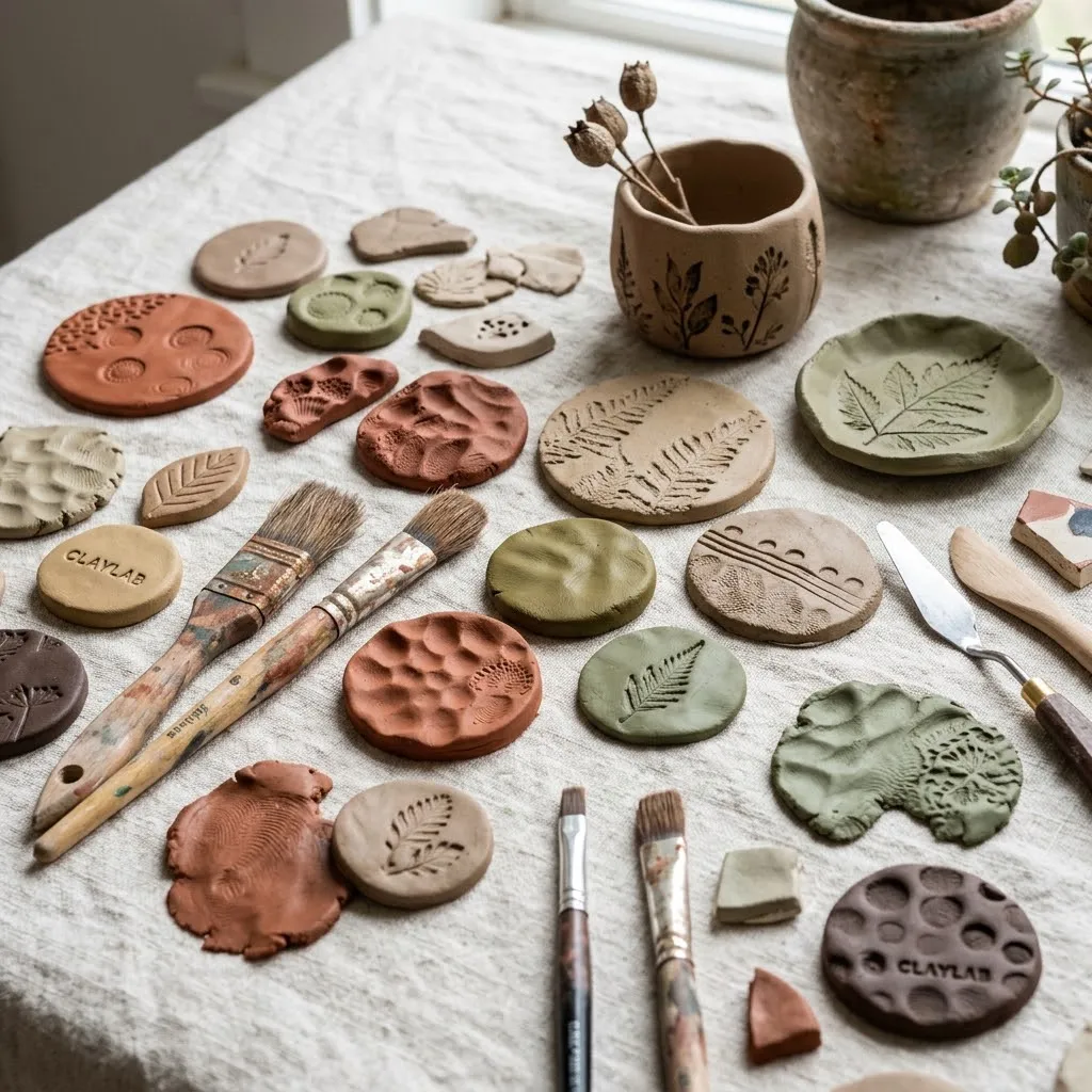 Muestras de arcilla fría moldeadas en diferentes tonos tierra, beige y verde olivo junto a pinceles sobre un fondo neutro.
